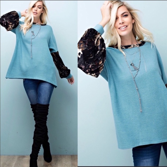 ❤️Brushed Knit Velvet Detail Lantern Sleeve Tunic! - Picture 2 of 5